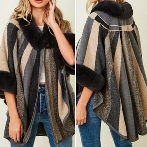 Montrez faux fur trimmed striped cape S/M